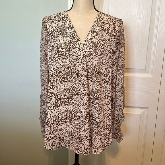 Jodifl Brown Cream Animal Print Top Blouse Womens Size Small Long‎ Sleeve Flowy - Picture 1 of 11